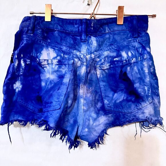 Zara Size 2 Blue Denim Shorts Jeans Tie Dyed Distressed Hot Fringe Tied Dye OOAK - Picture 5 of 8